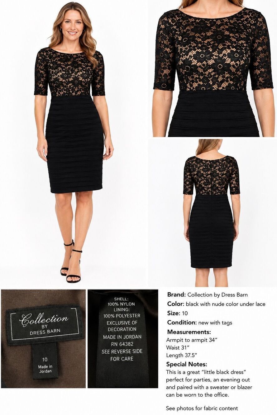 Collection by Dressbarn Black Lace Sheath Dress Nude Lining Size 10 NWT